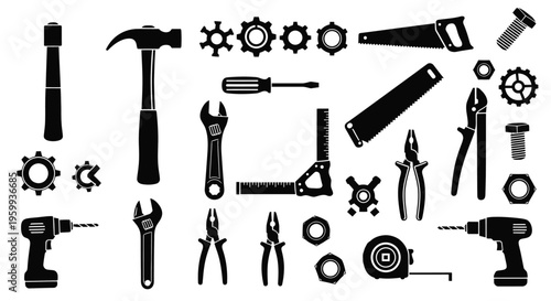 Black silhouette collection of various tools and mechanical components silhouette