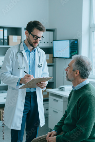 Vertical shot of male doctor reviewing notes on clipboard while senior man attending medical consultation in clinic. Useful for healthcare services, patient care, diagnosis, insurance