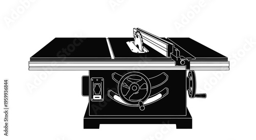 Black and white illustration of a table saw machine detailed silhouette