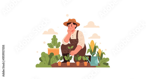 Thoughtful Farmer Planting Seedlings in Organic Vegetable Garden. Sustainable Agriculture, Healthy Food & Green Living Illustration