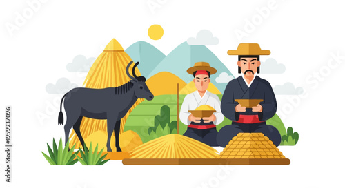 Traditional Asian Farmers Harvesting Rice with Water Buffalo in Rural Landscape Illustration