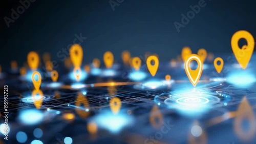 Glowing location pins on abstract digital city map, GPS navigation, geolocation search, route planning, location tracking, smart city technology, mapping system, travel app,