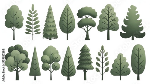 Collection of stylized green trees with varied shapes and textures forest nature