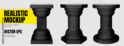 Black pillar stand. Roman plinth column with marble hexagon podium. Greek plastic architecture product pedestal. Vertical cylindrical and ornamental building object. Ancient platform show surface