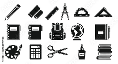 School supplies and educational tools arranged in a flat black silhouette