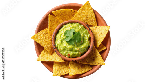 Foto Delicious homemade guacamole with fresh cilantro and crunchy tortilla chips on r