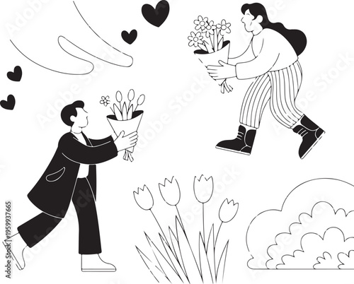 Bouquet handoff between two people on a street