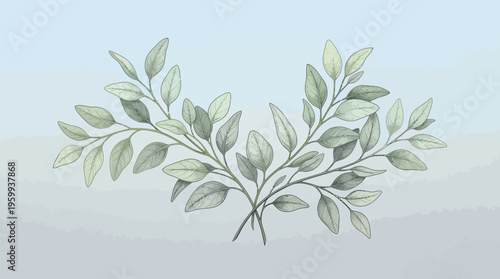 A serene illustration of green leaves on a branch against a soft landscape background.