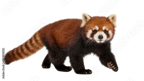 Small wild red panda moving cautiously, showcasing its distinct markings and bushy tail