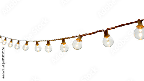 Bright decorative string lights with glowing round bulbs for festive ambiance