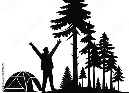 Campsite tent among pine trees with hiker