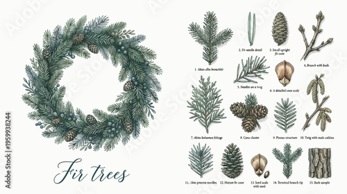 Fir tree branches and leaves illustrations.