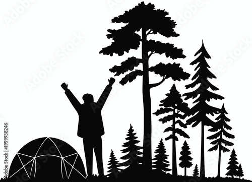  Backpacker at campsite with tent and pine trees