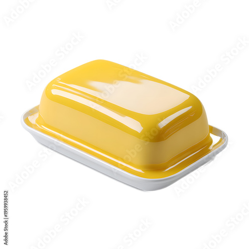 A close-up studio shot of a bright yellow butter dish with a white base on a plain white background