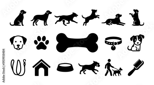 Dog Silhouette Icons Set – Pet, Paw, Bone, Collar and Dog Activities Black Vector Collection