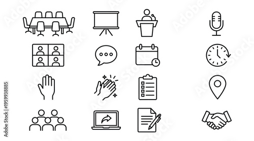 Set of 16 Meeting and Conference Outline Icons Vector