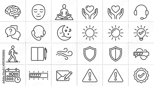 Set of 24 Outline Icons for Health, Wellness, Business, and Communication Vector