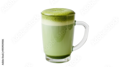 Refreshing matcha green tea latte beverage with frothy foam in a clear glass mug