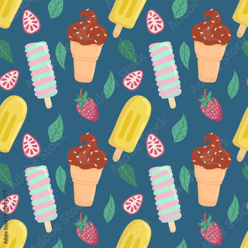 Seamless pattern with ice cream. Vector illustration is ideal for making postcards, posters, covers, and prints on T-shirts, pillows, apparel, textiles, wallpapers, packages