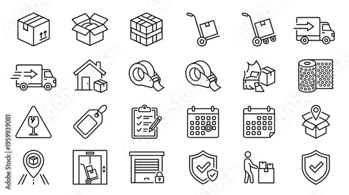 Set of 24 black outline shipping and delivery vector icons