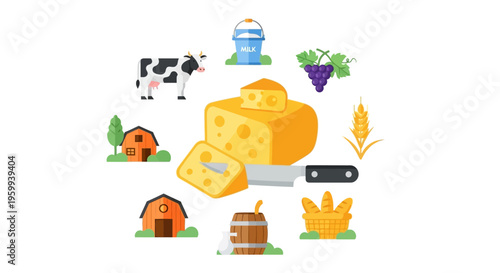 Farm Products & Agriculture Concept: Dairy, Grains, Fruits, and Rural Elements Flat Vector Illustration
