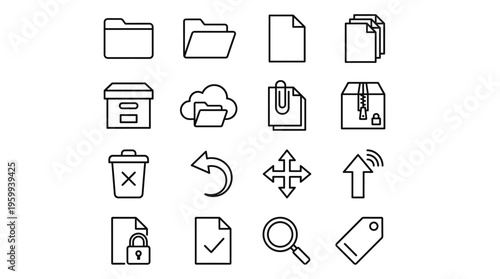 Set of 16 Document and File Management Line Icons Vector