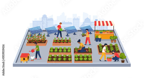 Sustainable Urban Farming: Community Rooftop Garden with Solar Panels, People Growing Organic Vegetables in a Green City Environment