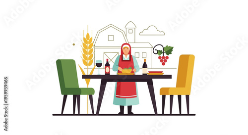 Rural Woman Cooking Fresh Farm Meal: Harvest & Countryside Cuisine Illustration