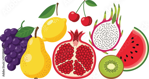 Organic fruit vector set. Flat illustrations of pomegranate half, dragon fruit slice, yellow pear, watermelon, lemon, grapes, kiwi, and cherries for healthy food design.