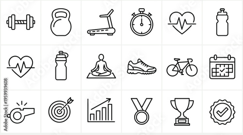 Set of 18 Black Outline Fitness and Sport Vector Icons