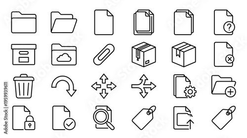 Set of 30 Black Line Document and Folder Vector Icons