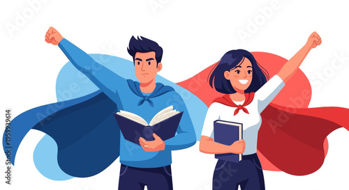 Smiling man and woman reading.