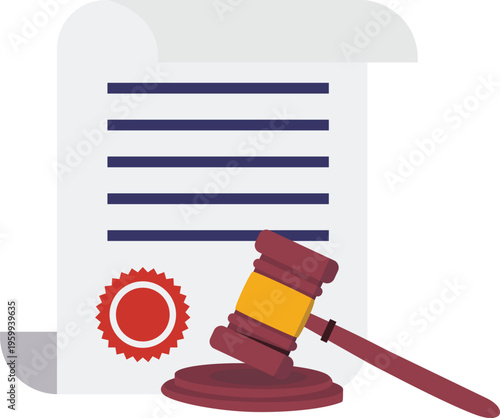 Wooden Gavel and Legal Document with Red Seal Wax Illustration
Law and Justice Concept with Auction Hammer and Certificate
Legal Agreement, Court Verdict, and Jurisprudence Vector