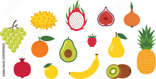 Tropical and garden fruit vector set. Flat illustrations of kiwano, dragon fruit, fig, pineapple, pomegranate, avocado, and grapes for organic food design and infographics.