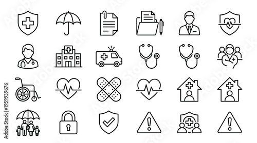 Set of 25 Black Outline Medical and Healthcare Icons Vector