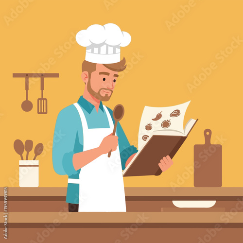 Chef Reading Cookbook Kitchen.