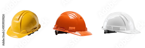Yellow orange and white hard hats arranged in a row isolated on a transparent background hardhat helmet