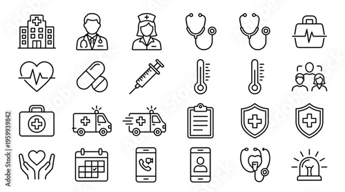 Set of 25 Outline Medical Health Care Icons Vector