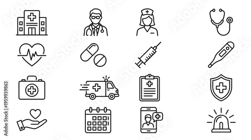 Set of 16 Medical Health Line Icons Vector