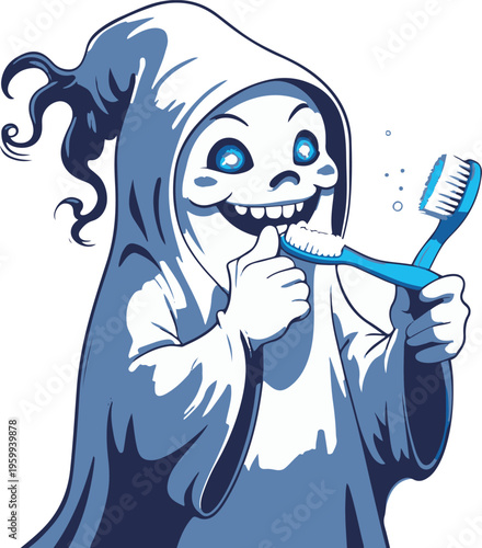  Ghost brushing teeth in morning routine, flat vector illustration, bold thick black outline, clean minimal line art, white background 1