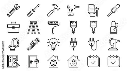 Set of 25 Outline Home Repair and Construction Tool Icons Vector
