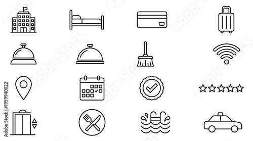 Set of 16 Hotel and Accommodation Line Icons Vector