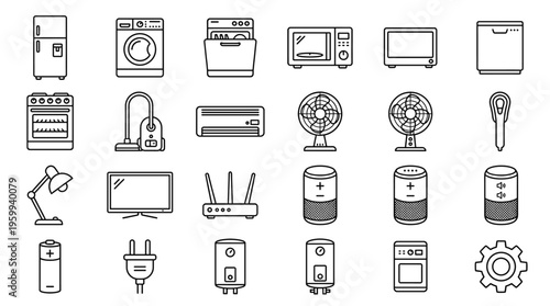 Set of 25 Household Appliances Line Icons Vector