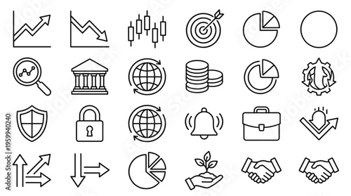 Set of 25 Black Outline Finance and Business Icons Vector