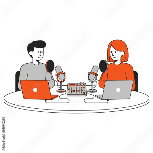 Man and woman recording podcast episode together with professional audio mixer on white table