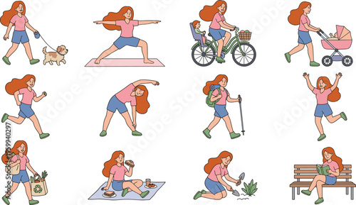 Flat vector set of woman performing various daily activities, healthy lifestyle and outdoor hobbies on white background