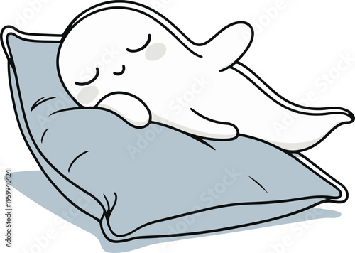 Ghost sleeping on pillow with relaxed pose, flat vector illustration, bold black outline, minimal sticker design, white background 2