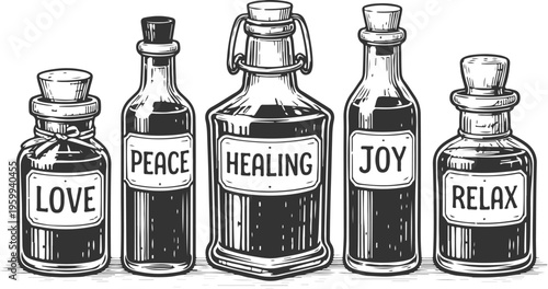 Love Peace Healing Joy Relax Bottles Vintage Engraving Style Illustration