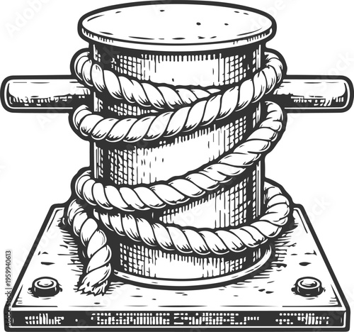 Nautical Rope Wrapped Around Bollard Vintage Engraving Illustration