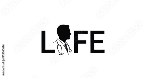 Minimalist doctor silhouette logo with stethoscope in LIFE text isolated on white background